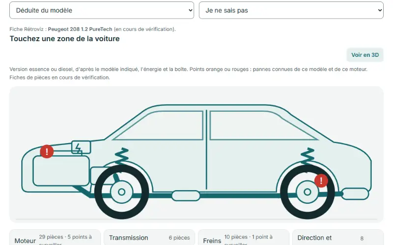 Capture de l'écran « Pièces » : les zones de la voiture