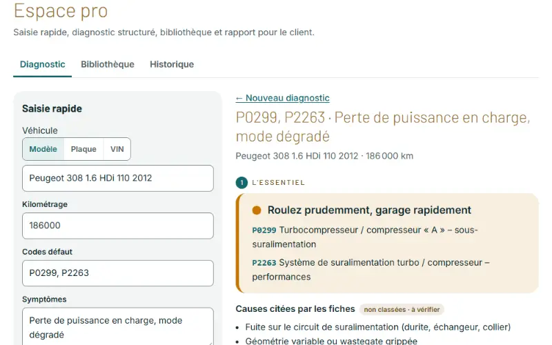 Capture de l'espace pro : saisie rapide et diagnostic