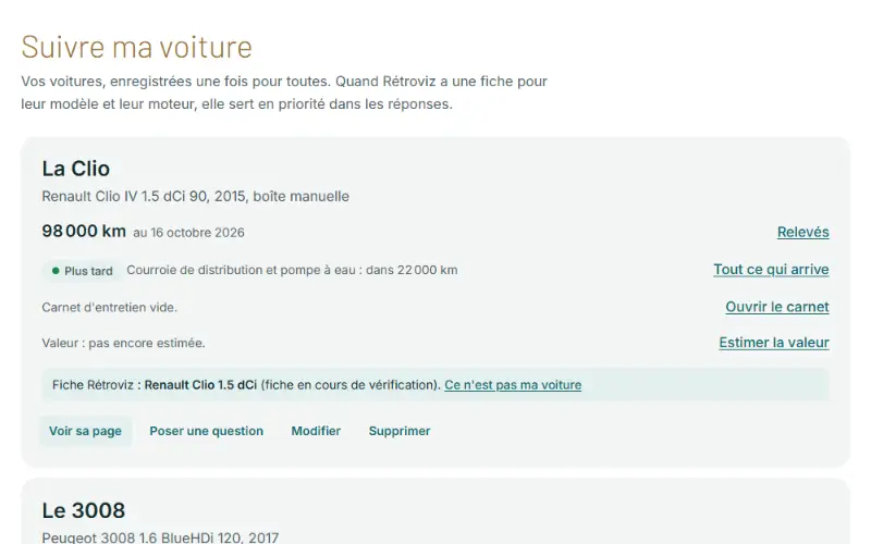 Capture de l'écran « Ma voiture » : la liste des voitures du garage
